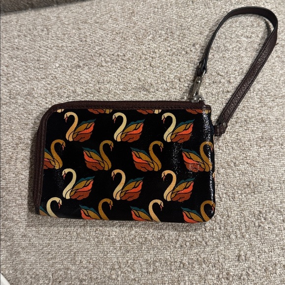 Fossil Key-Per Patent Leather Cowhide Trim Colorful Swan Wristlet Wallet Pouch - Picture 2 of 5